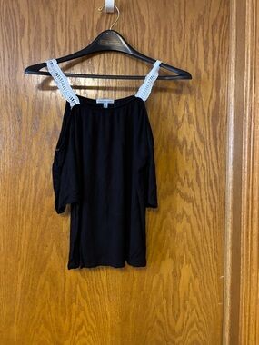 Charlotte Russe Black Cold-Shoulder Top with White Crochet Detail